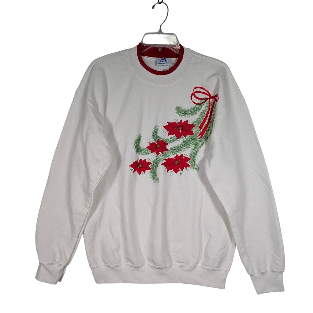 Vintage 90s Sweatshirt M White Poinsettia Christmas Holiday Pullover‎ Grandma